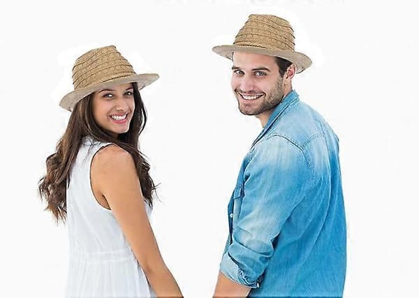 Dame Blonde Strå Fedora Solhatt Kort Brede UPF 50+ for Sommerstrand
