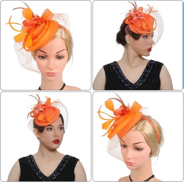 Fjærhode Blomster Hårnål Mesh Fascinator Pannebånd for Kvinner Teaparty Bryllupsdekor Brudehodeplagg Oransje
