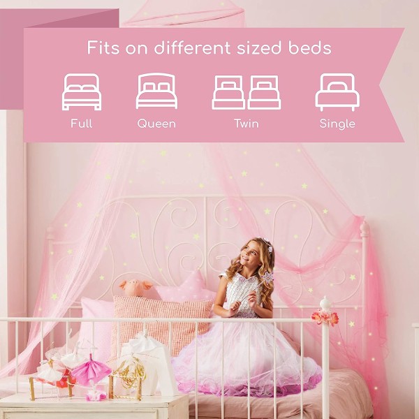Rosa sänghimmel för flickor med glödande stjärnor - Princess Crib Nätdekor, taktält för att cover spjälsäng för toddler | Si