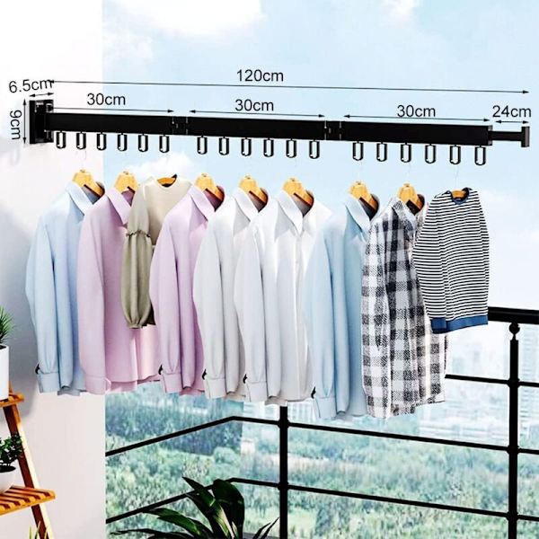 Wall Mounted Retractable Clothes Rack with Hooks, 360° Rotatable, Tri-Foldable for Balcony, Laundry Room (Black)