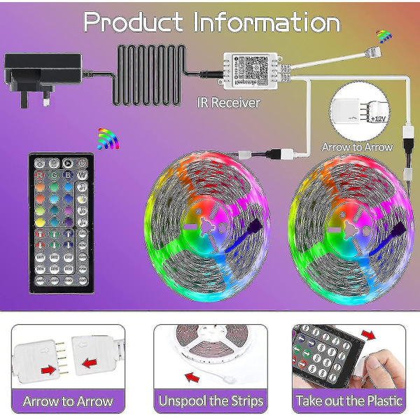 20m LED-lys Bluetooth RGB-lys LED-båndlys med 44-tasters fjernbetjening Musiksynkronisering Farveskiftende LED-stemningsstrimmel