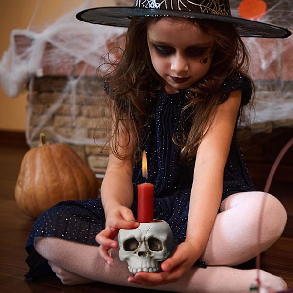 Kreativ Tredimensjonal Skalle Lysestake Ornament Halloween Atmosfærisk Dekorasjon Harpiks Spøkelseshode Ornament Lysestake Hvit
