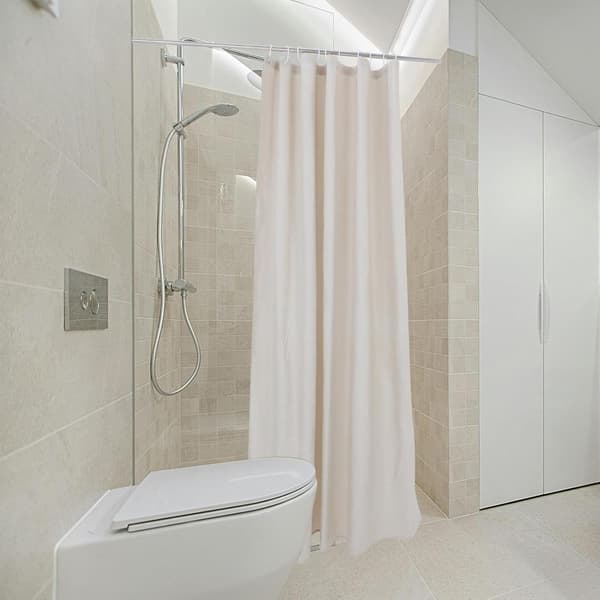 Linen Shower Curtain with Hooks, Thick Breathable Fabric in Beige, Neutral Minimalist Style