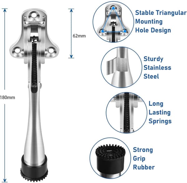Kickdown Door Stopper - Heavy Duty, Non-Slip Rubber, Foldable - Silver - 180mm