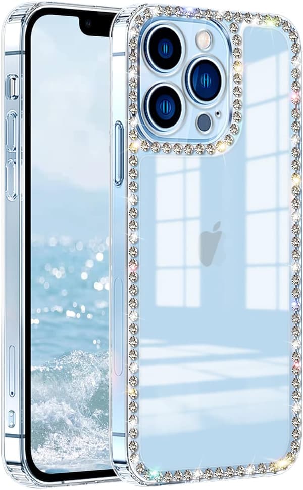 PC-kompatibel med iPhone 13 Pro Max Gjennomsiktig Deksel Søt for Kvinner Jenter Bling Diamant Glitter Rhinestone Glitrende B