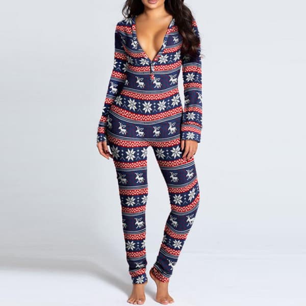 Dam Tryckt Jumpsuit Sovplagg Julpyjamas Långärmad Nattkläder Röd