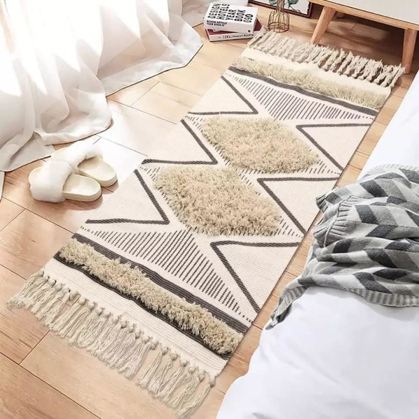 Tuftad bomullsmatta - Tvättad med fransar - Vävd geometrisk sängöverkast - Bohemisk matta för tvättstuga/sovrum (Beige, 60