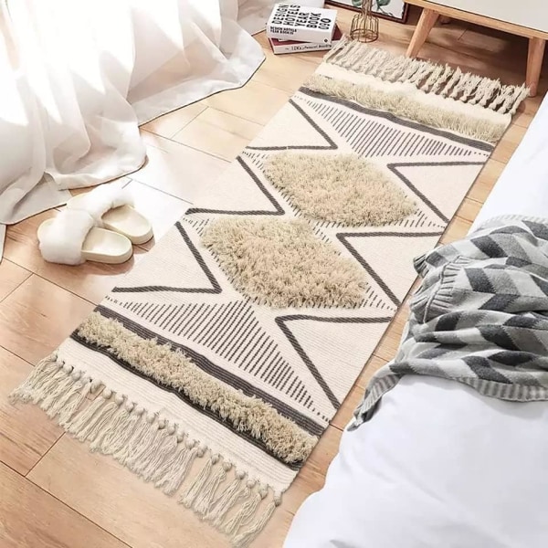 Tuftet bomullsteppe - vaskbart med dusker - vevd geometrisk sengeteppe - bohemsk teppe for vaskerom/soverom (beige, 60