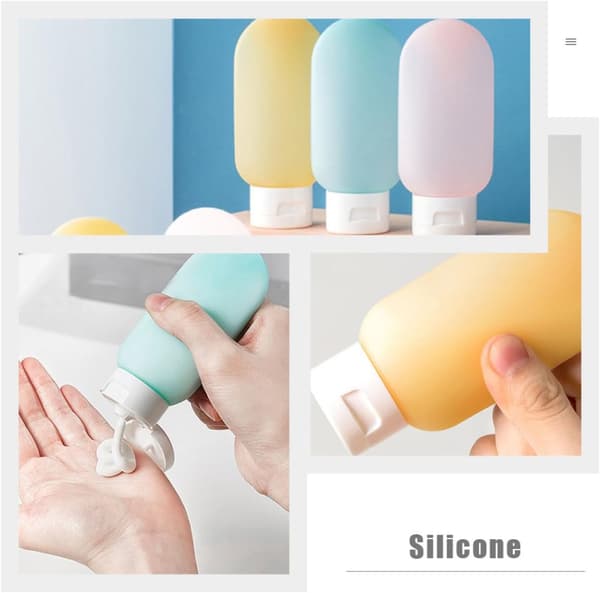 Silikonreseflaskor Set om 3 – 60 ml tomma lotion-schampo-klämflaskor med snäpplock, bärbara påfyllningsbara toalettbehållare för resor