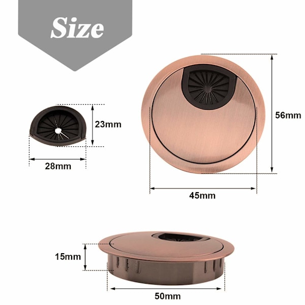 4 stk. skrivebordsgrommetsett, 50 mm metallkabelgrommetlokk bordgrommeter skrivebordsoverflate ledningshulldeksel