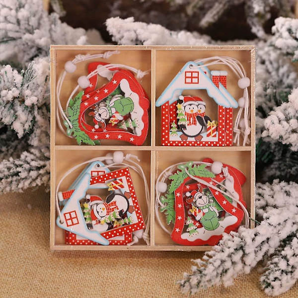 12 Stykker Træ Julehængende Træhængende Pynt Med Træopbevaringsboks Snøre Og Perler Til Juletræ Og Festdekorationer (