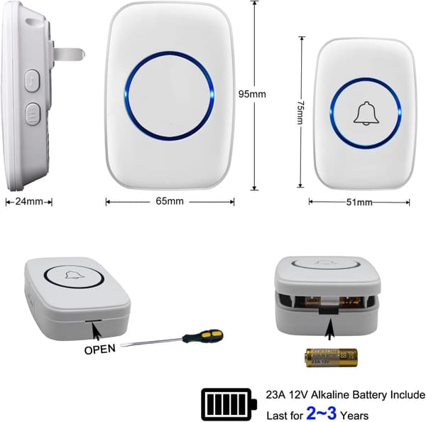 Wireless Doorbell Set 300m Range IP44 Waterproof Easy Installation LED Flash Batteries Included 60 Melodies White