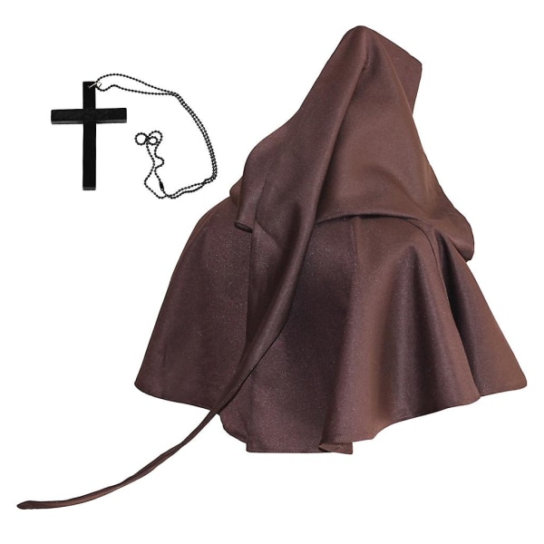 Witch Hood Hat Cross kaulakoru set Halloween uskonnollinen viitta Cosplay pukutarvikkeet Tummanruskea
