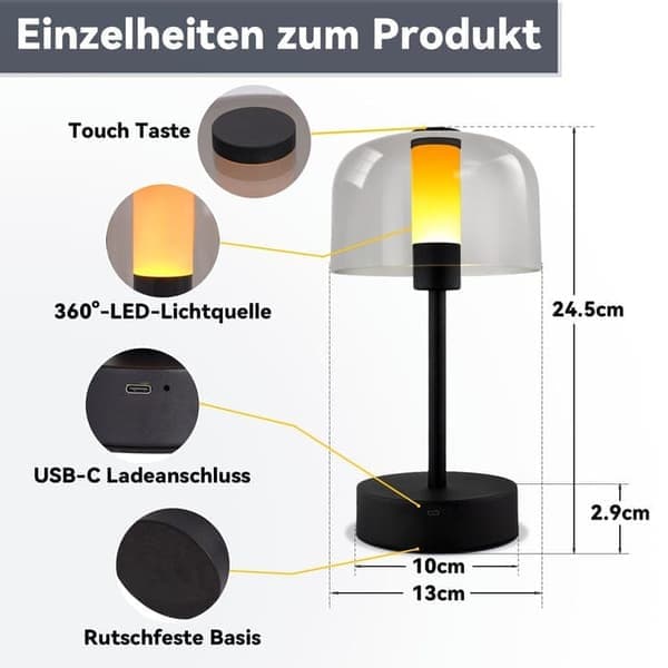 LED Bedside Lamp Dimmable, Touch Wireless Table Lamp USB-C Rechargeable 1800K–6500K
