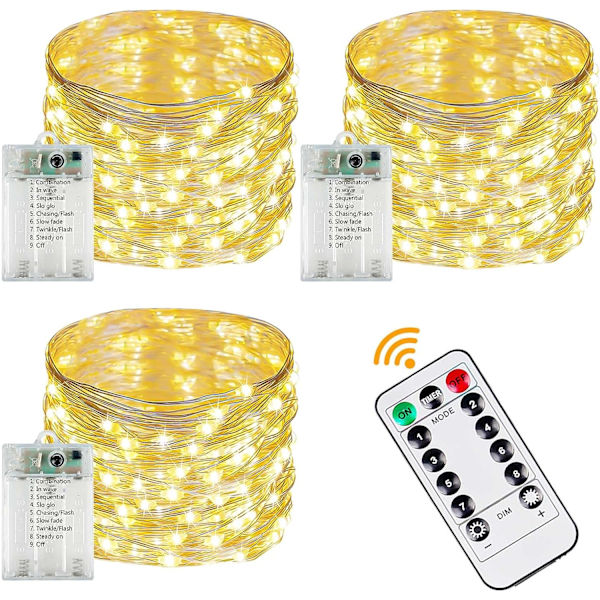 【Timer & Fjernbetjening】3-pak 33FT 100 LED Fe-lys Batteridrevet, Varmt Hvidt Lysstreng med Fjernbetjening til Soveværelse, Vandafvisende 8