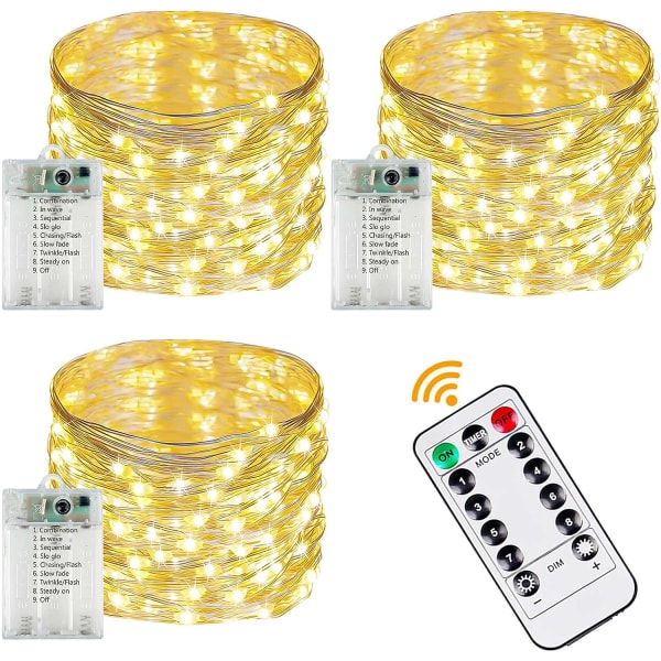 【Timer och fjärrkontroll】 3-pack 33FT 100 LED Fairy Lights Batteridrivna, varmvita ljusslingor med fjärrkontroll för sovrum, vattentät 8