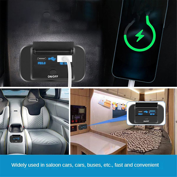 Dobbel Hurtig USB-lader QC3.0 og PD3.0 RV USB-uttak 12V USB-lader Bil USB-port 12 Volt USB-uttak Tilbehør