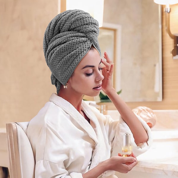 Stor mikrofiber hårhåndklædeindpakning til kvinder, anti-krustørrende håndklæde med elastisk strop, hurtigtørrende turbaner til våde, lange, superbløde indpakninger mørkegrå