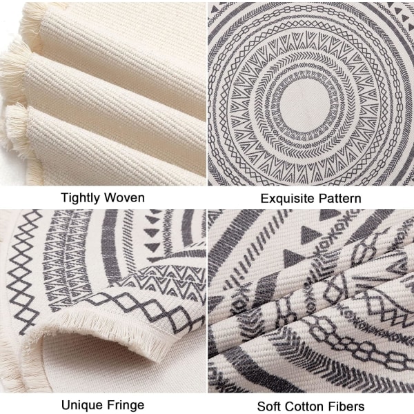 Grå handvävd rund bomullsmatta med fransar 120 cm printed i marockansk stil Absorberande tvättbar matta för vardagsrumsdekoration Laun