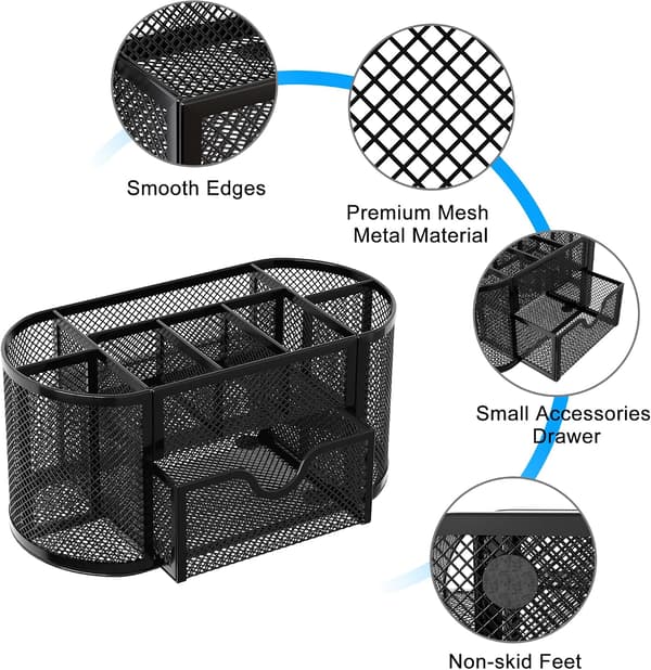 Mesh Desk Organizer with Drawer, Desk Stand, Suitable for Student Dorms, 9 Compartments, Desk Accessories.
