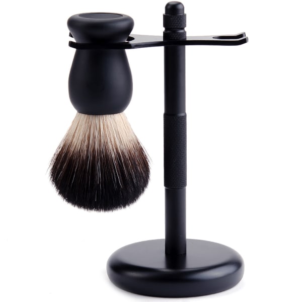 Natural Badger Hair -parranajoharja ja set, tumma kromi, musta, yhteensopiva partakoneen, partakoneen ja kertakäyttöisen partakoneen kanssa