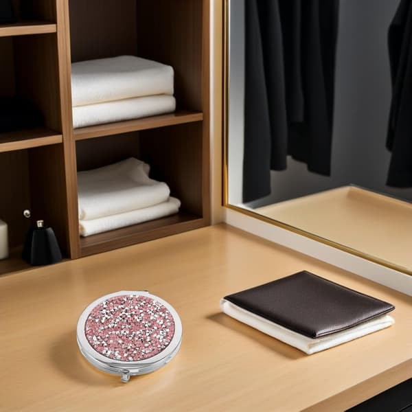 4 Pcs Portable Pocket Mirrors with Crystal Rhinestones, Double-Sided Round Compact Makeup Mirrors, Silver