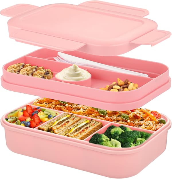2000 ml Large Bento Lunch Box, Stackable Japanese Lunch Box with 8 Compartments, with Cutlery Set, (Pink)