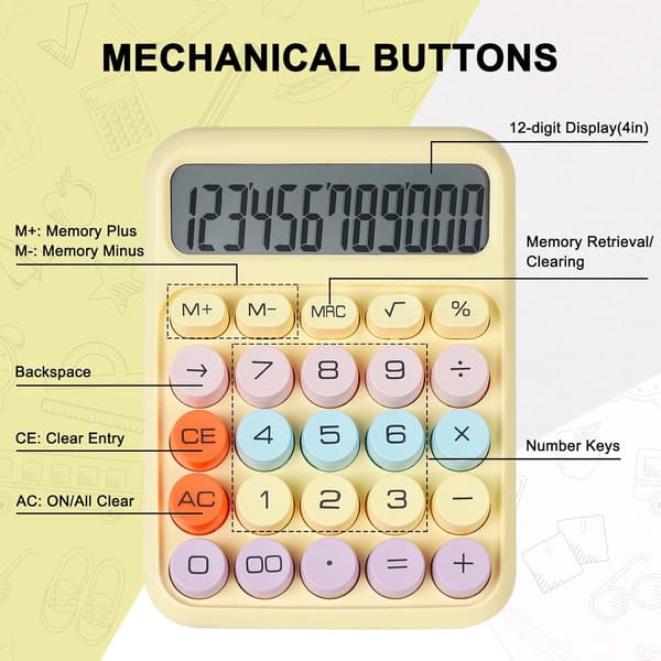 Mechanical Calculator with Large Buttons, Desktop Calculator, 12-Digit Display, Large LCD Screen, Suitable for Students and Basic Office Use.