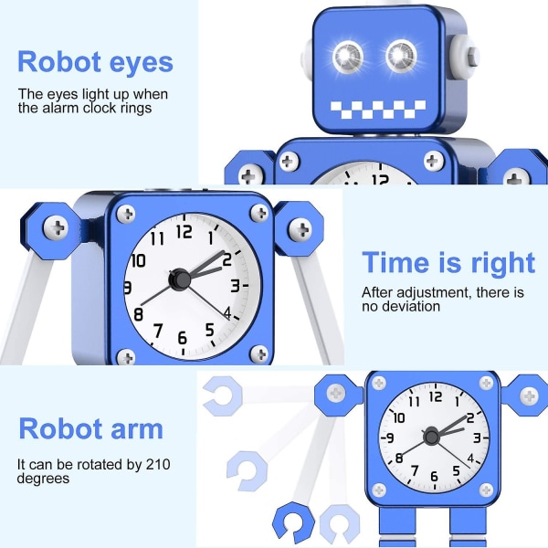 Robotvekkerklokke, Analog vekkerklokke, Stille vekkerklokke i rustfritt stål med blinkende øyne og roterende arm, Gave til barn, jenter og gutter