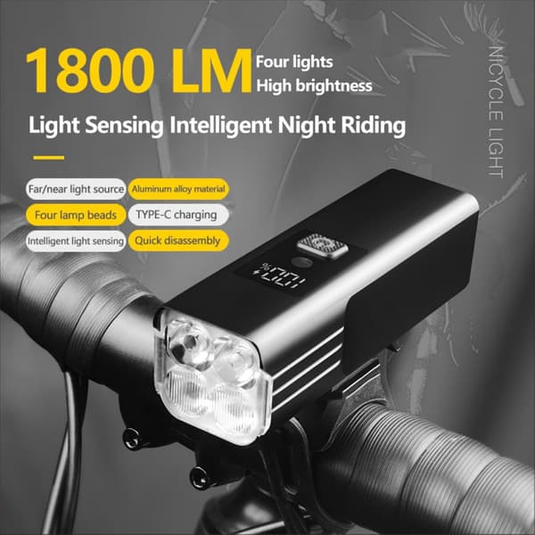 1800LM Bicycle Light with Smart Sensor - USB Rechargeable LED Headlight, Digital Display, 5 Modes, Waterproof for Road & MTB