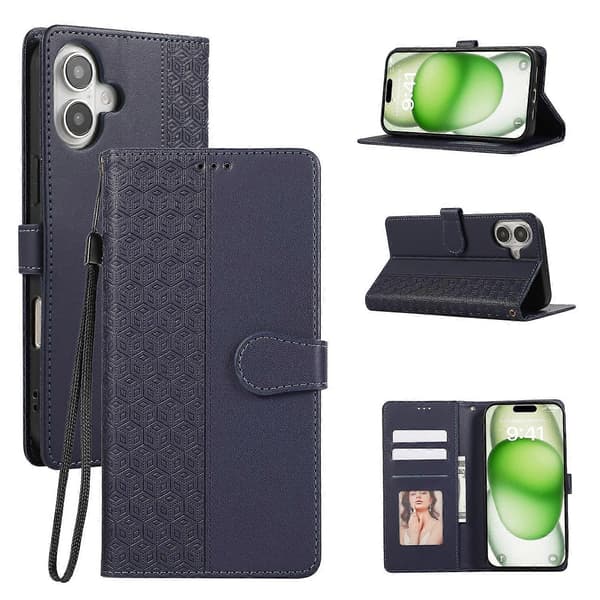 Til iPhone 16 Cover Anti-ridse Splejsning Præget Rhombus Læder Telefoncover-Blå Multicolor Blå Multicolor Blue