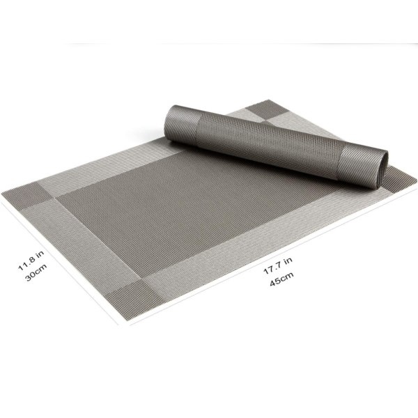 Rektangulær PVC-underlag, sklisikker og varmebestandig, egnet for spisestue, kjøkken eller spisebord, 45 x 30 cm, 6-delt sett, grå