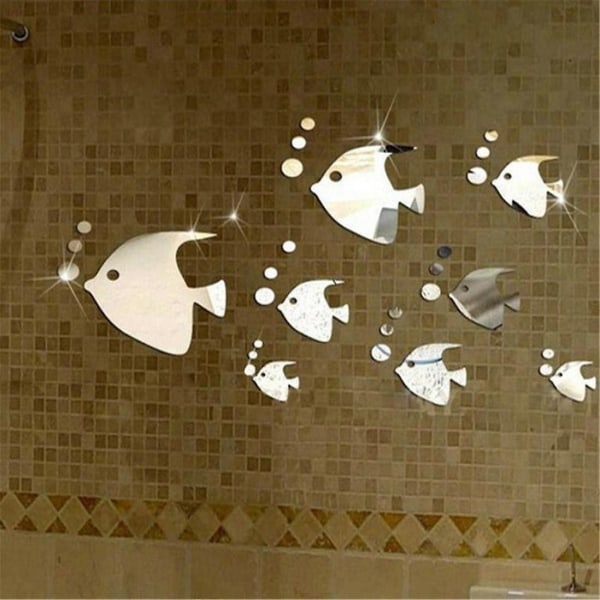 Väggklistermärken, havsfiskbubbla väggdekal 3d spegeleffektklistermärken Väggmålning själv-avtagbar dekal (1 set, silver)