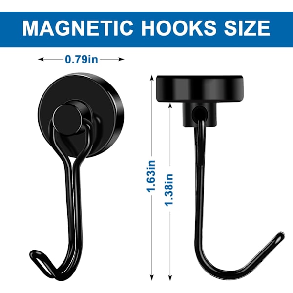 6-pack Magnetiska Krokar, 40 LBS Neodymium Magnetkrokar Stark Magnetiska Krokar Kryssning, Svarta Svängbara Magneter med Krokar för Kylskåp