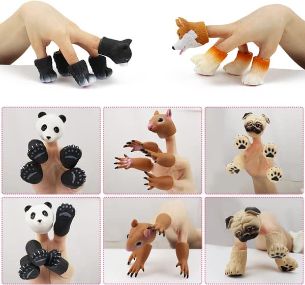 Søde dyrefingerdukker legetøj 5 sæt, Panda, Egern, Kat, Shiba Inu, Mops, Rollespil dyredukker