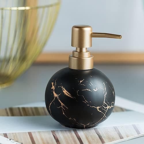 Black, gold soap dispenser for bathroom or kitchen - Beautiful round ceramic lotion bottle - Stainless pump