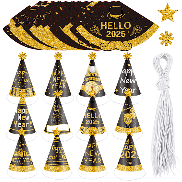 12 stk. Happy New Year-hatte til nytårsdekorationer 2025, NYE-fest hatte er robuste nok og kræver minimal DIY