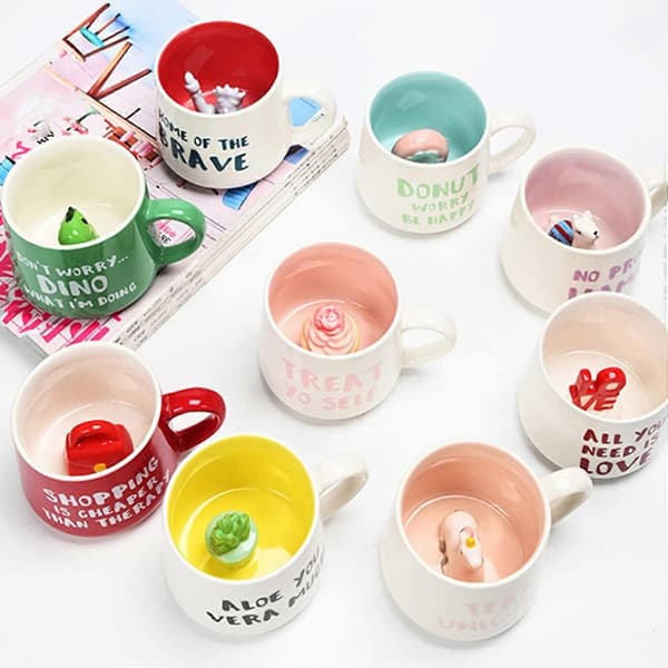 Cute Dinosaur Coffee Mug with Dinosaur Inside Dinosaur Printed Mugs with Spoon 35 cl Tea Cups Ceramic Cup Coffee Mugs