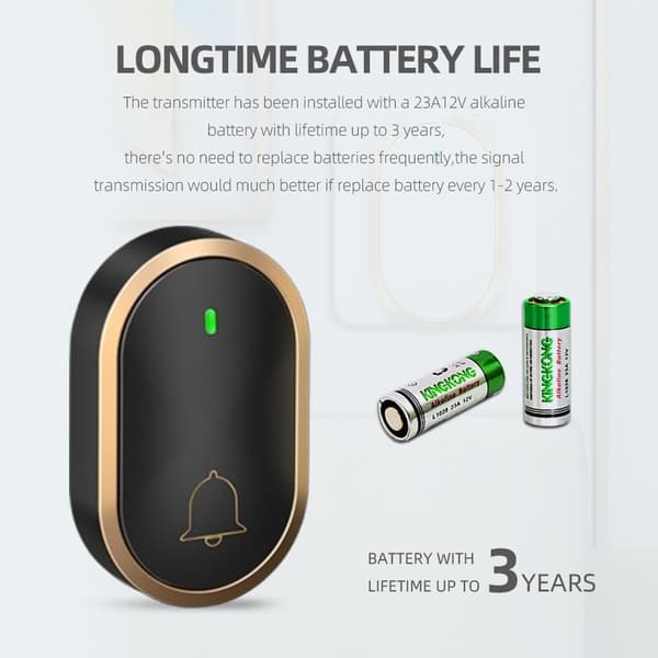 Wireless Doorbell 300 Meter Range IP44 Waterproof 60 Melodies LED Indicator Easy Installation Long Battery Life Black Gold