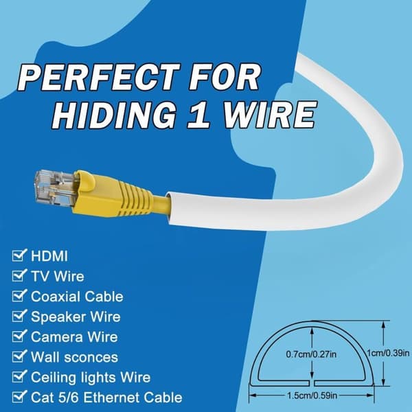 Mini Cable Duct, Half-Round Cable Protector, Cable Raceway, Self-Adhesive Tape to Hide 1 Cable, Flexible Cable Cover for Cables on