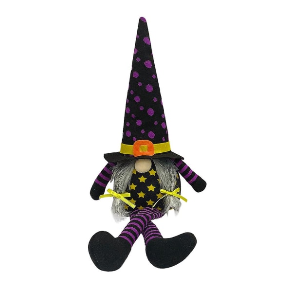 Halloween-tomte med LED-ljus, långa ben, handgjord plysch, svensk tomte, sittande, nordisk staty, lila