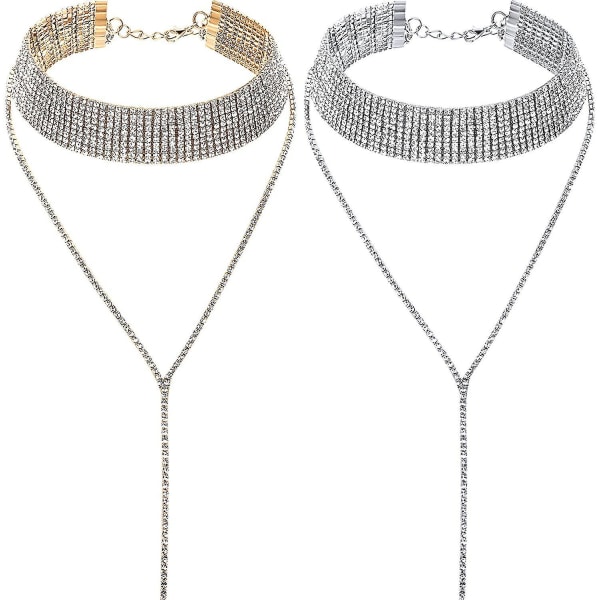 2 delar Rhinest Tofs Choker Halsband Tassel Chain Halsband Kompatibel med Kvinnor Flickor Favor