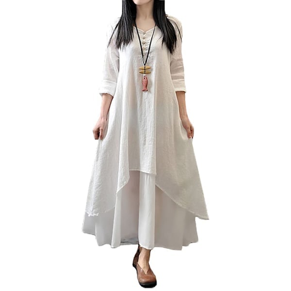 Kaftan i bomuldshør til damer, Boho Plus Size med lommer, løs langærmet V-hals plisseret lang hørbeklædning, lagdelt maxikjole, hverdagsbrug...