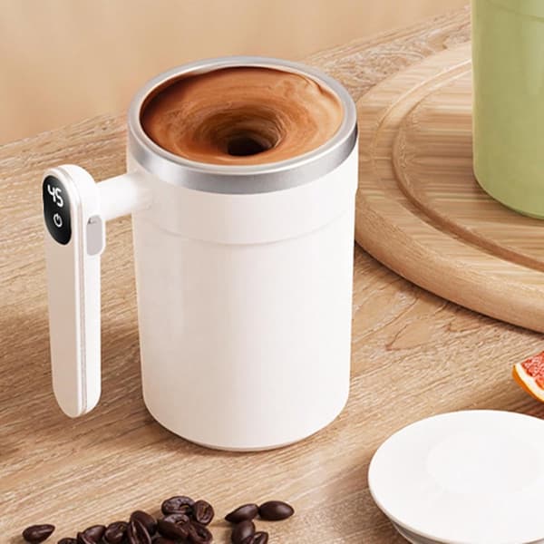 Automatic Stirring Coffee Mug, Magnetic Mixing, Digital Temperature Display, USB Rechargeable, for Office and Travel, 400ml White