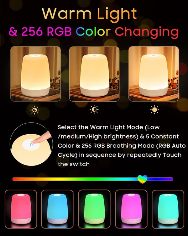 Baby Touch Lamps Bedside Lamp Dimmable Night Light, LED Children with Timer & RGB Change & Memory, USB Rechargeable