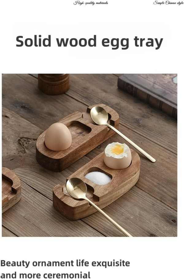 Egg Tray in Acacia Wood Egg Cup Holder Egg Shell Cup Egg Rack for Boiled Eggs Breakfast Serving (with spoon)(Ho)