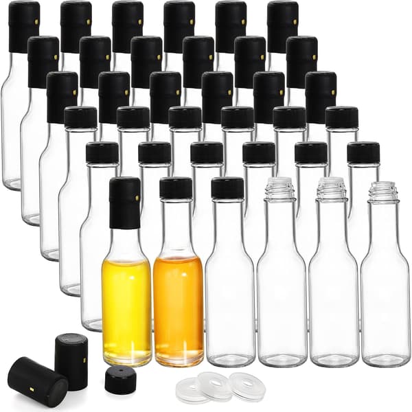 36-pack små glasflaskor, 3 oz Woozy tomma minissåsflaskor, klara spritvinsflaskor med krymphätta, svarta skruvkorkar