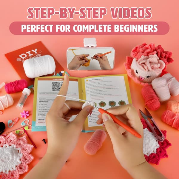Crochet Kit for Beginners Adults, 6 Handmade Coasters with 1 Potted Plant Crochet Kit, with Crochet Hooks with Video Tutorial