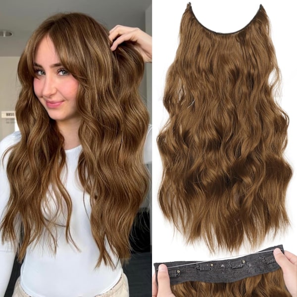Usynlige Hår Extensions med Transparent Hårbånd med Justerbar Størrelse 4 Sikre Klips Langt Bølgete Hårstykke 20 Tommer COCOA# for Kvinner