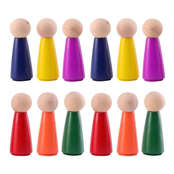 12 st Gör-det-själv-träfigurer Handgjorda Peg Doll Leksaker Handmålade dockor HantverkSorterad färg6,5X2CM Assorted Color 6.5X2CM
